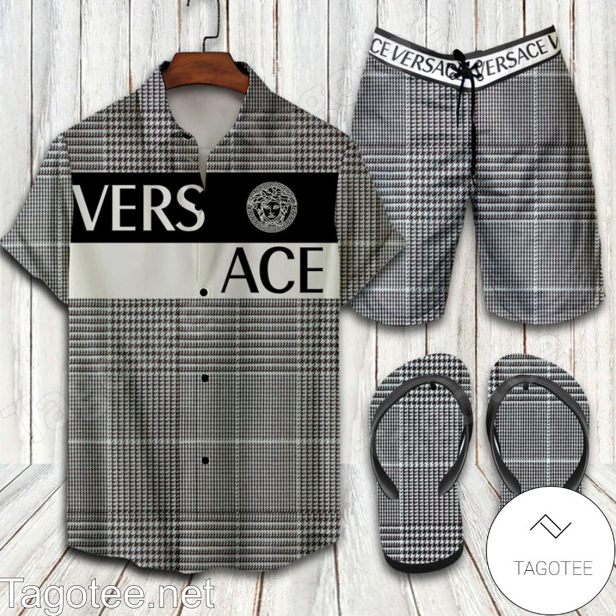 Versace 2022 Many Small Stripes On The Shirt Combo Hawaiian Shirt, Beach Shorts And Flip Flop