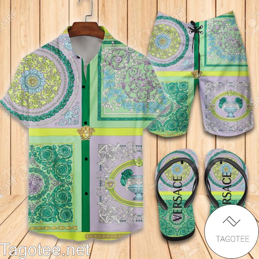 Versace Green Barocco Mosaic Print Silk Combo Hawaiian Shirt, Beach Shorts And Flip Flop