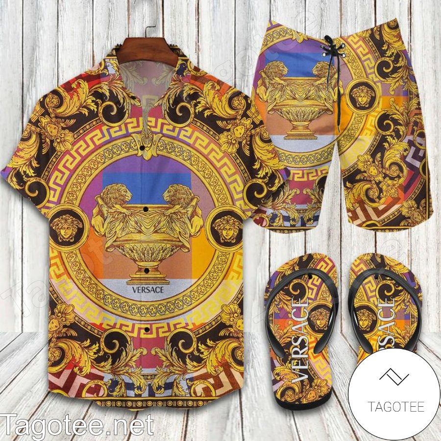 Versace La Coupe Des Dieux Multicolor Combo Hawaiian Shirt, Beach Shorts And Flip Flop