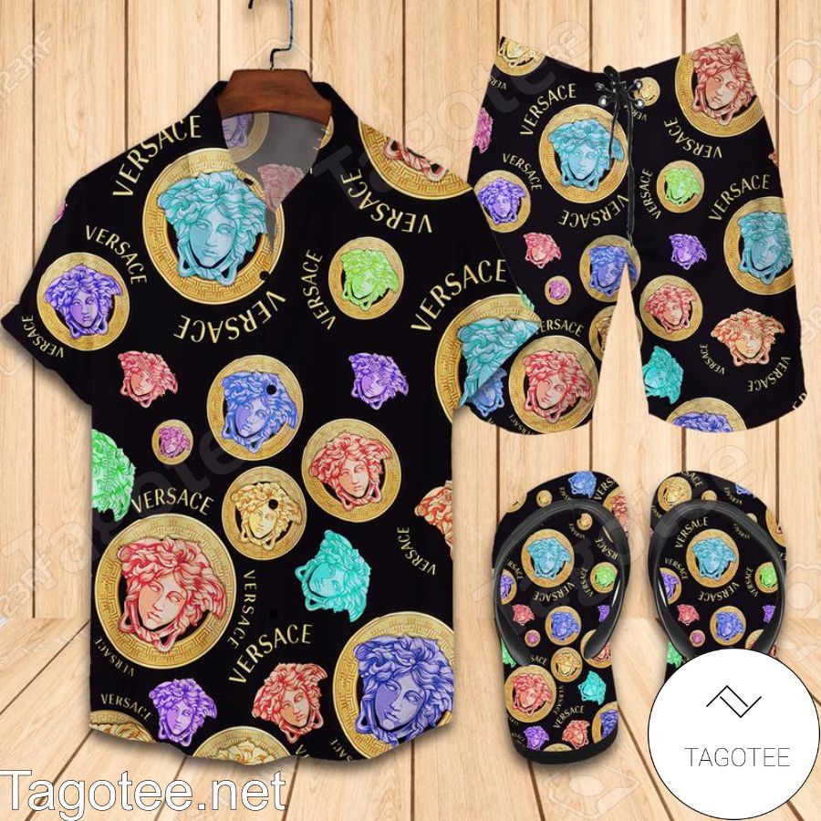 Versace Medusa Amplified Combo Hawaiian Shirt, Beach Shorts And Flip Flop