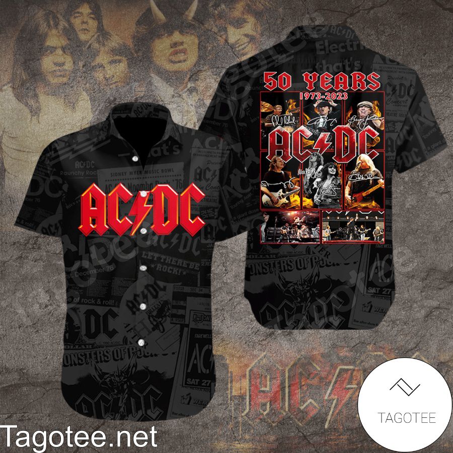 AC/DC Rock Band Signatures 50 Years Anniversary Black Hawaiian Shirt And Short