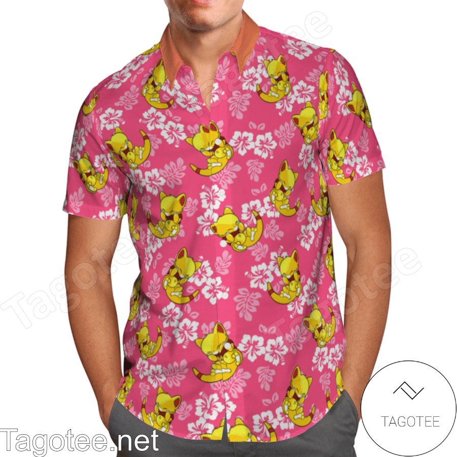 Abra Pokemon Hibicus Floral Pattern Pink Hawaiian Shirt And Short a