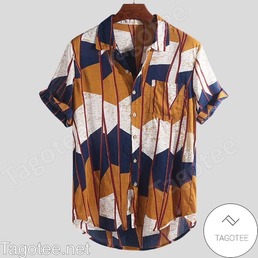 Abstract Contrast Color Block Chest Pocket Hawaiian Shirt