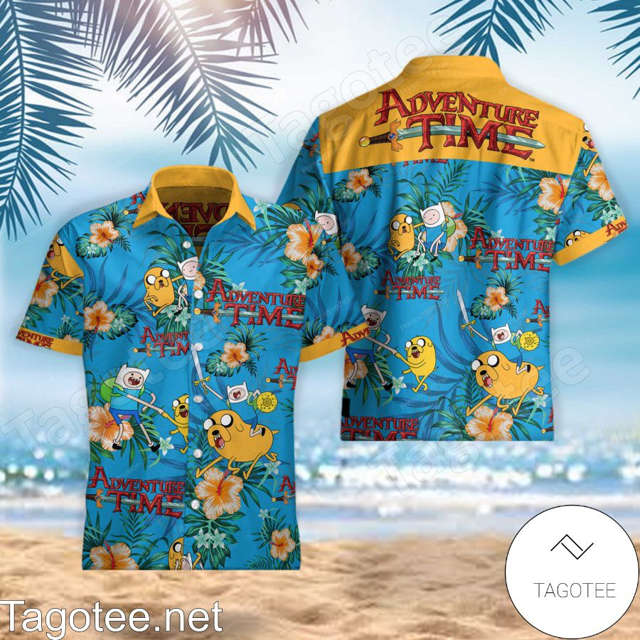 Adventure Time Orange Hibiscus Palm Leaf Blue Hawaiian Shirt