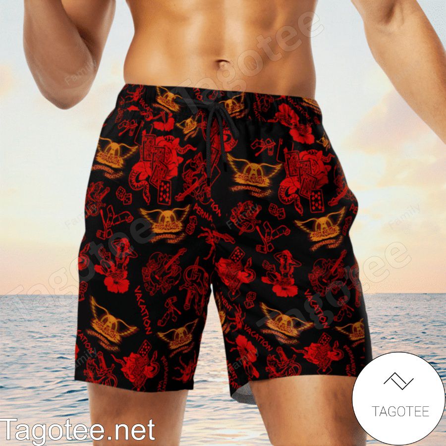 Aerosmith Fashion Red And Black Hawaiian Shirt And Beach Shorts x
