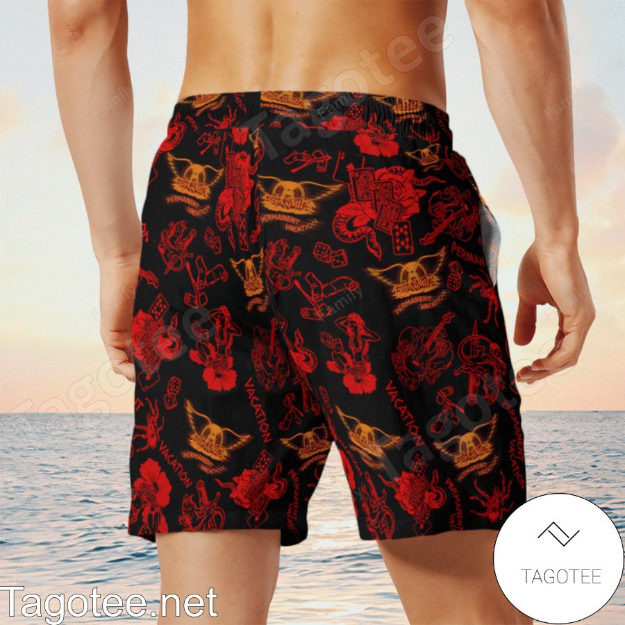Aerosmith Fashion Red And Black Hawaiian Shirt And Beach Shorts y
