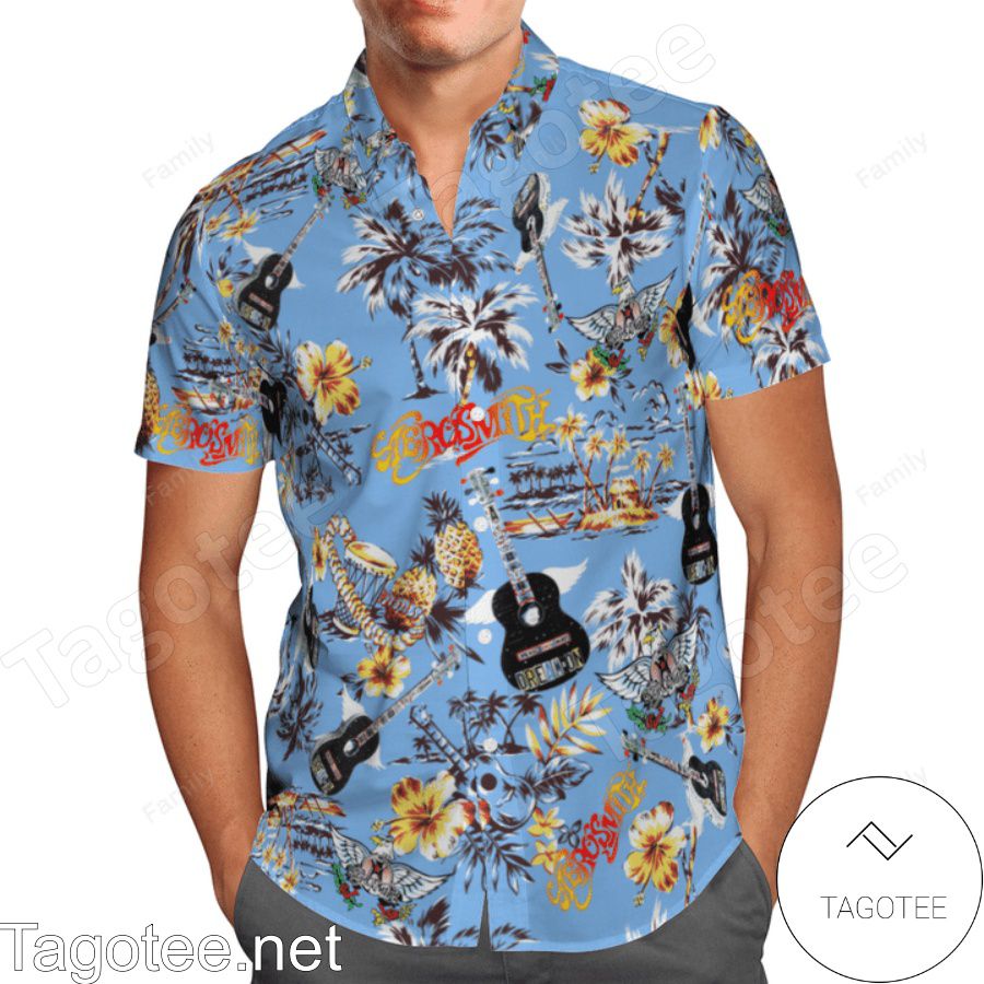 Aerosmith Guitar Tropical Blue Hawaiian Shirt a