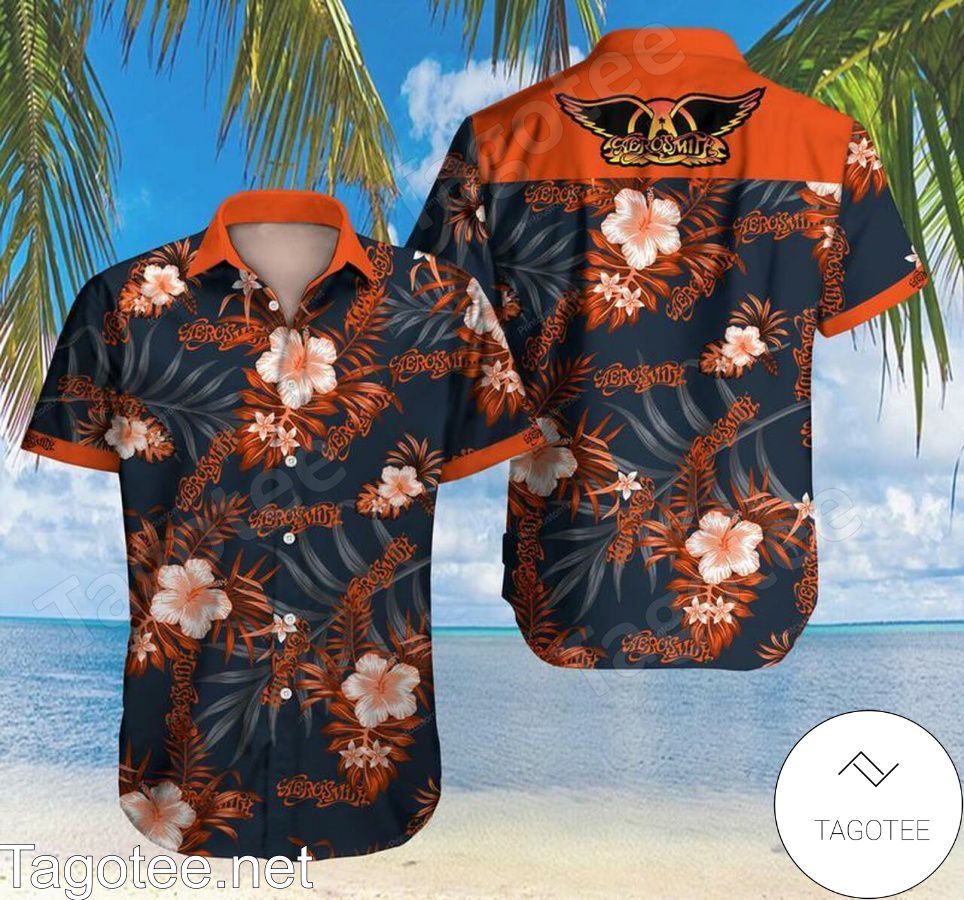 Aerosmith Orange Hibiscus Flowers Hawaiian Shirt