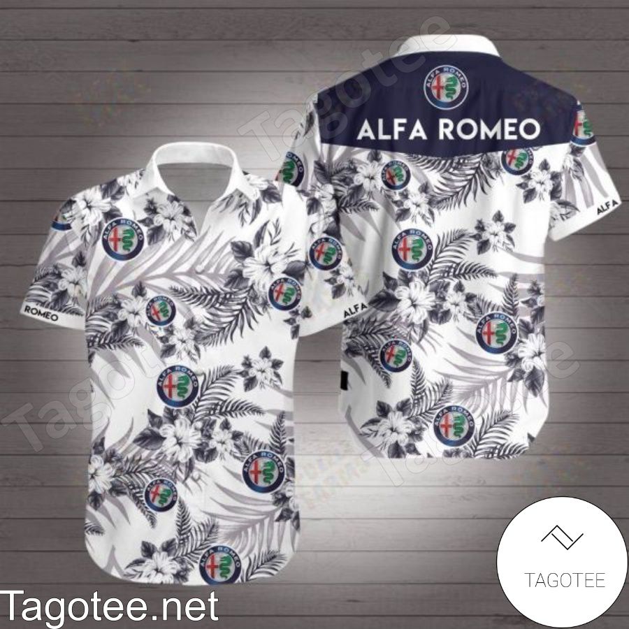 Alfa Romeo Black Tropical Floral White Hawaiian Shirt