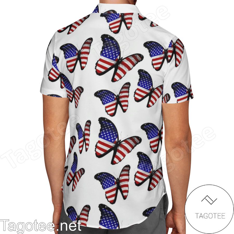 Amazing American Flag Butterflies White Hawaiian Shirt And Short a
