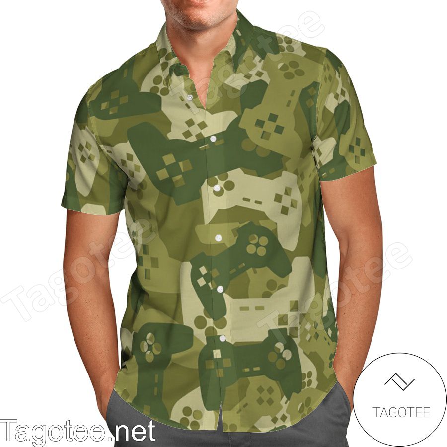 Amazing Camouflage Gaming Joysticks Green Hawaiian Shirt And Short