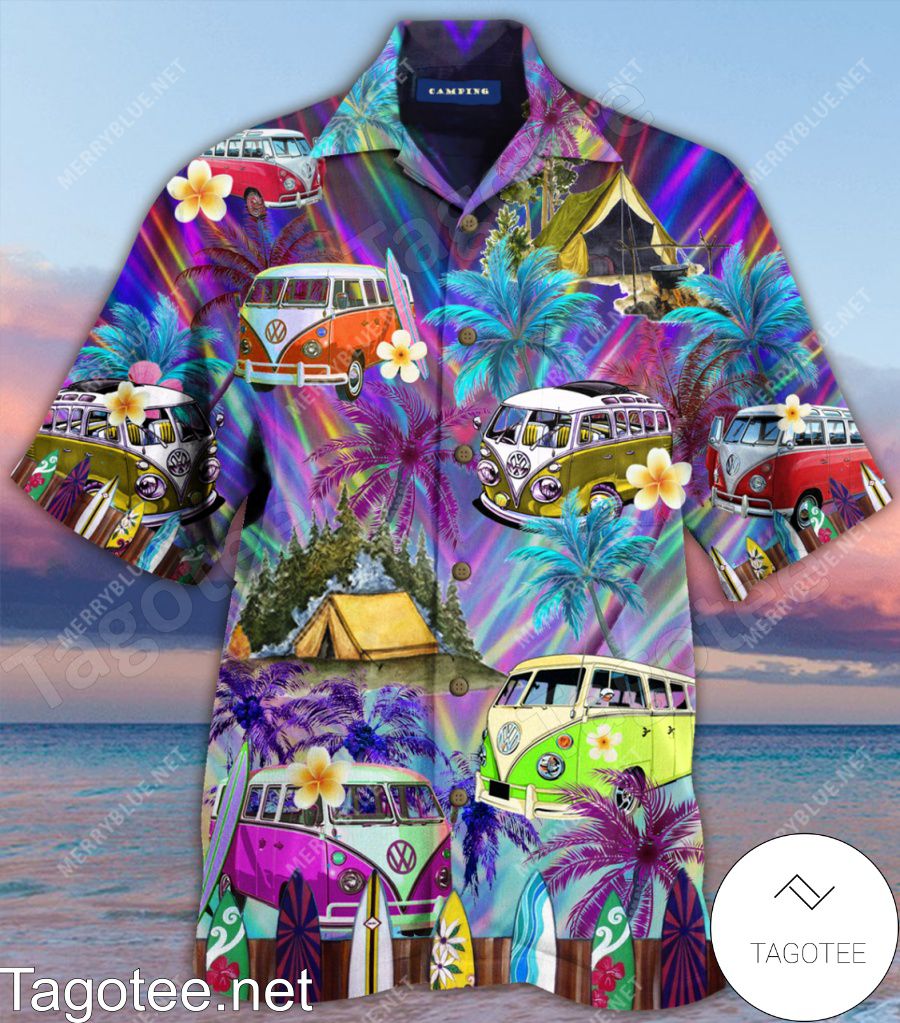 Amazing Camping With Colorful Volkswagen Bus And Palm Tree Hawaiian Shirt