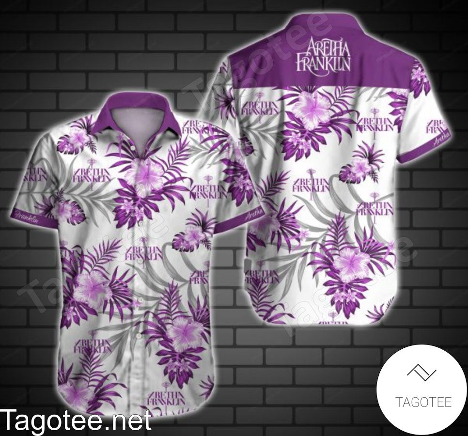 Aretha Franklin Purple Tropical Floral White Hawaiian Shirt