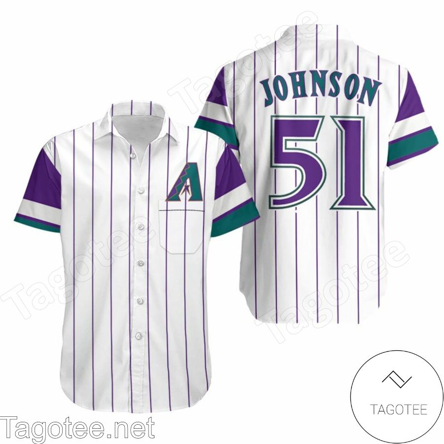 Arizona Diamondbacks Randy Johnson 51 Mlb White Purple Jersey Inspired Style Hawaiian Shirt