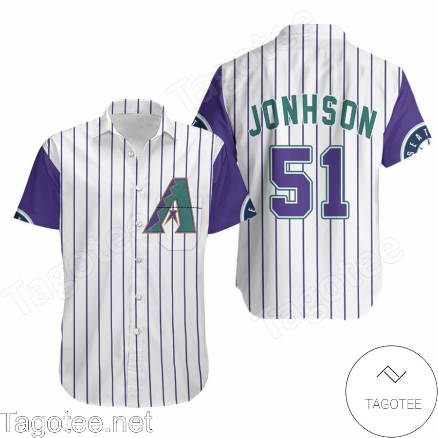 Arizona Diamondbacks Randy Johnson 51 Mlb White Purple Striped Hawaiian Shirt