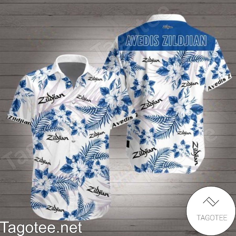 Avedis Zildjian Blue Tropical Floral White Hawaiian Shirt