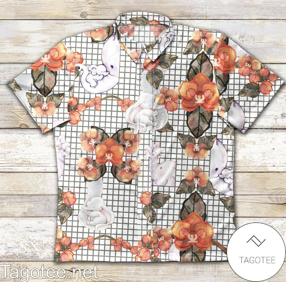 Baby Elephant And Mother Flower Squares Background Hawaiian Shirt