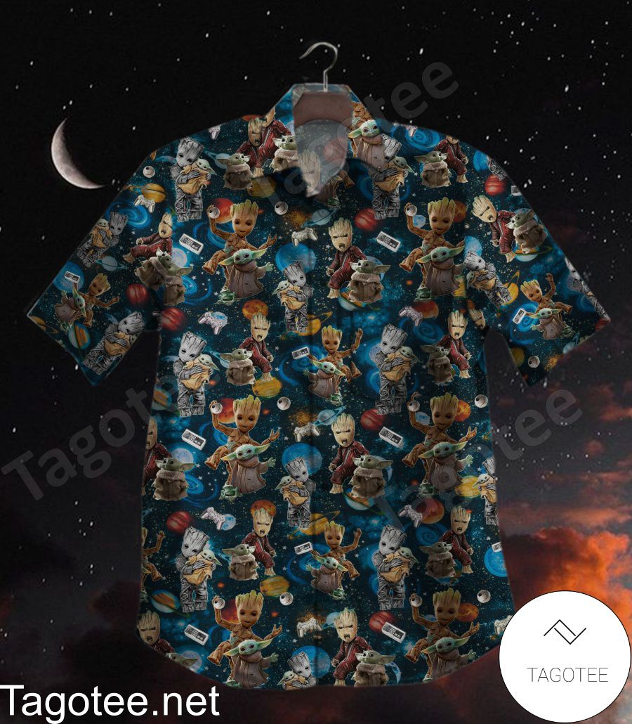 Baby Groot And Yoda Planets Wallpaper Hawaiian Shirt