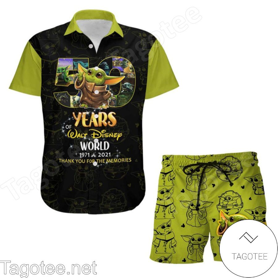 Baby Yoda 50th Anniversary Glitter Disney Castle Black Green Hawaiian Shirt And Short