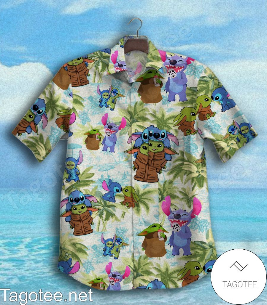 Baby Yoda And Stitch Coconut Tree On Beach Hawaiian Shirt