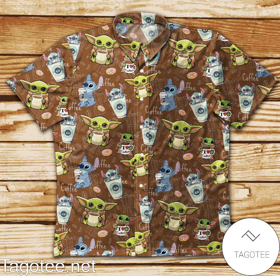 Baby Yoda And Stitch Love Coffee Brown Hawaiian Shirt