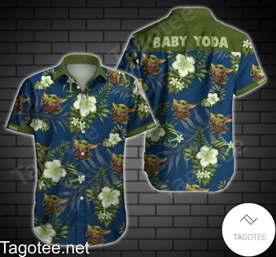 Baby Yoda Green Tropical Floral Navy Hawaiian Shirt