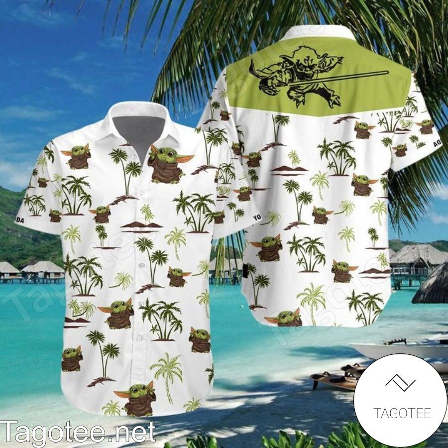 Baby Yoda Green Tropical Palm Tree White Hawaiian Shirt