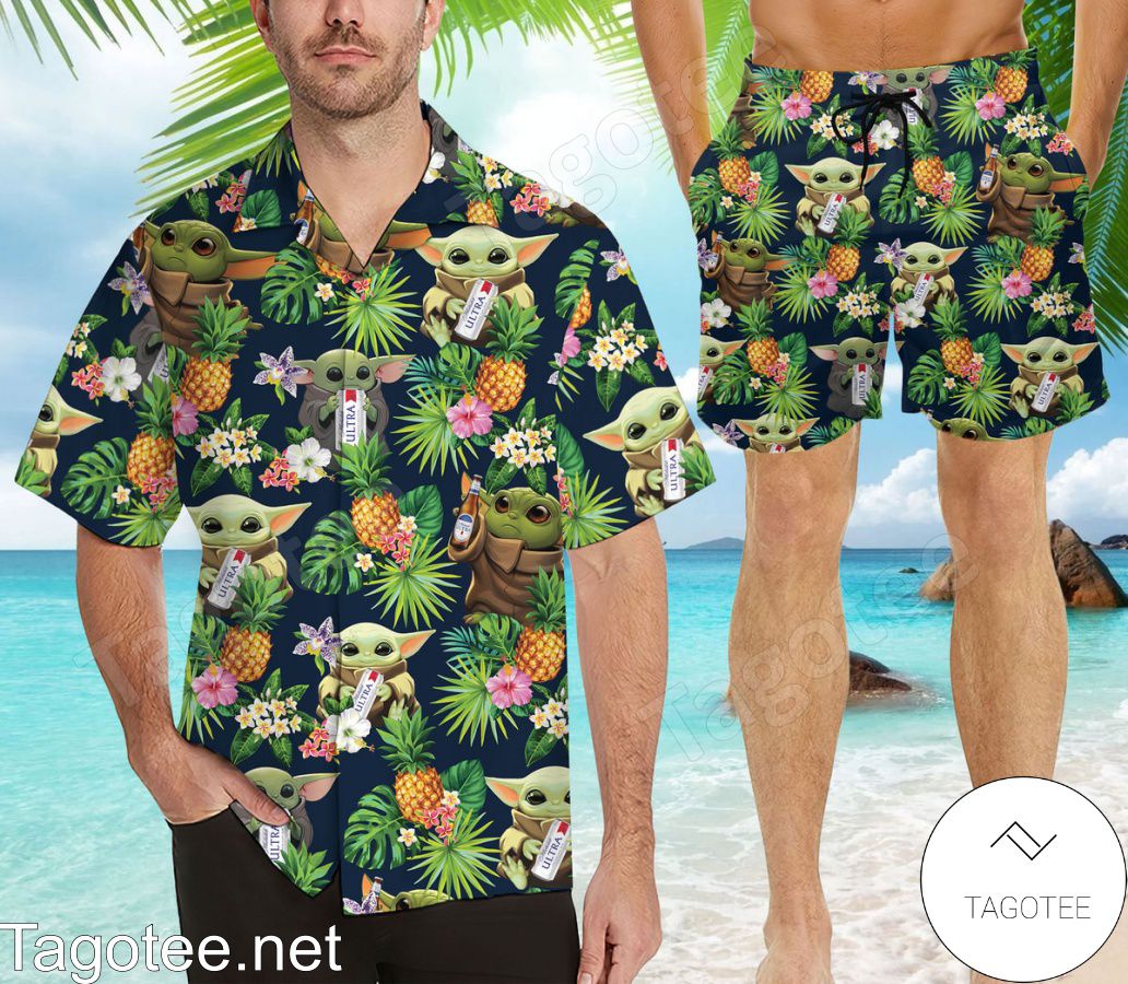 Baby Yoda Michelob Ultra Flowery Navy Hawaiian Shirt And Short