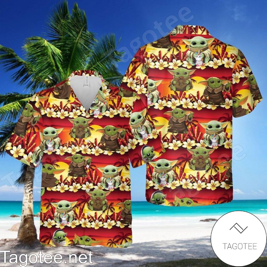 Baby Yoda Star Wars Sunset Palm Tree Hawaiian Shirt And Short