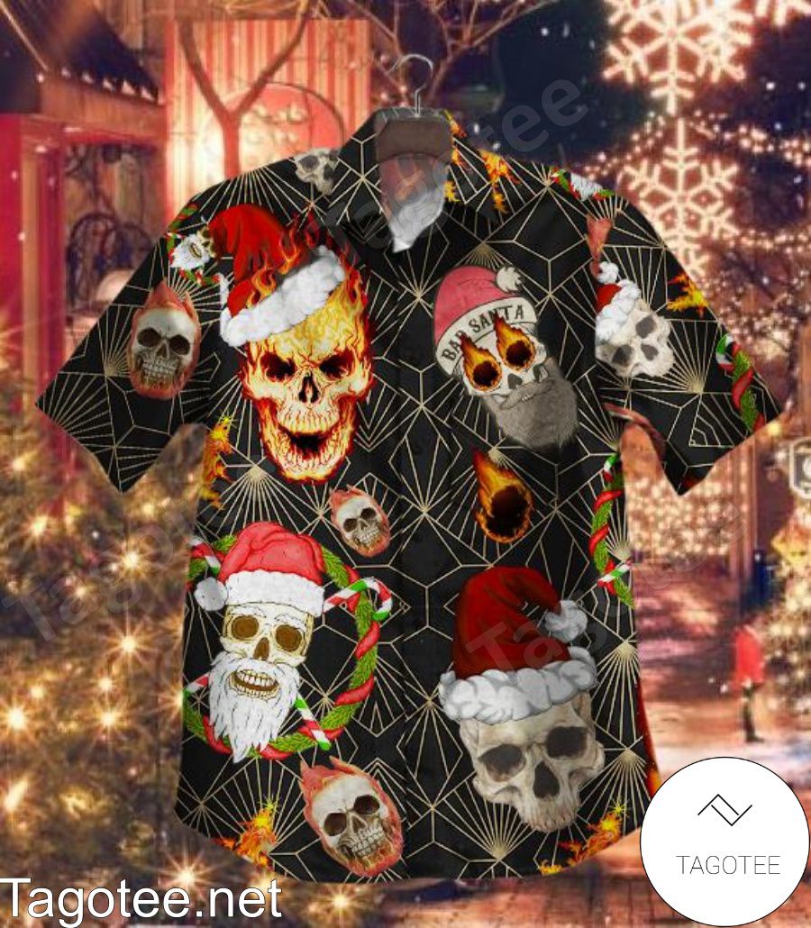 Bad Santa Skull Fire Christmas Black Hawaiian Shirt