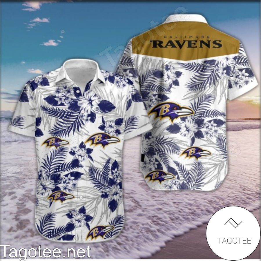 Baltimore Ravens Logo And Hibiscus Flowers Tropical White Hawaiian Shirt