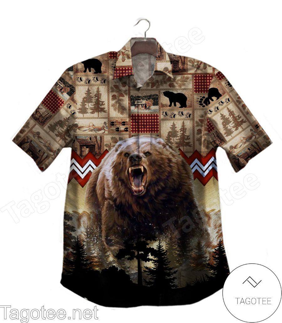 Bear Hunting Rustic Natural Cabin Pattern Hawaiian Shirt