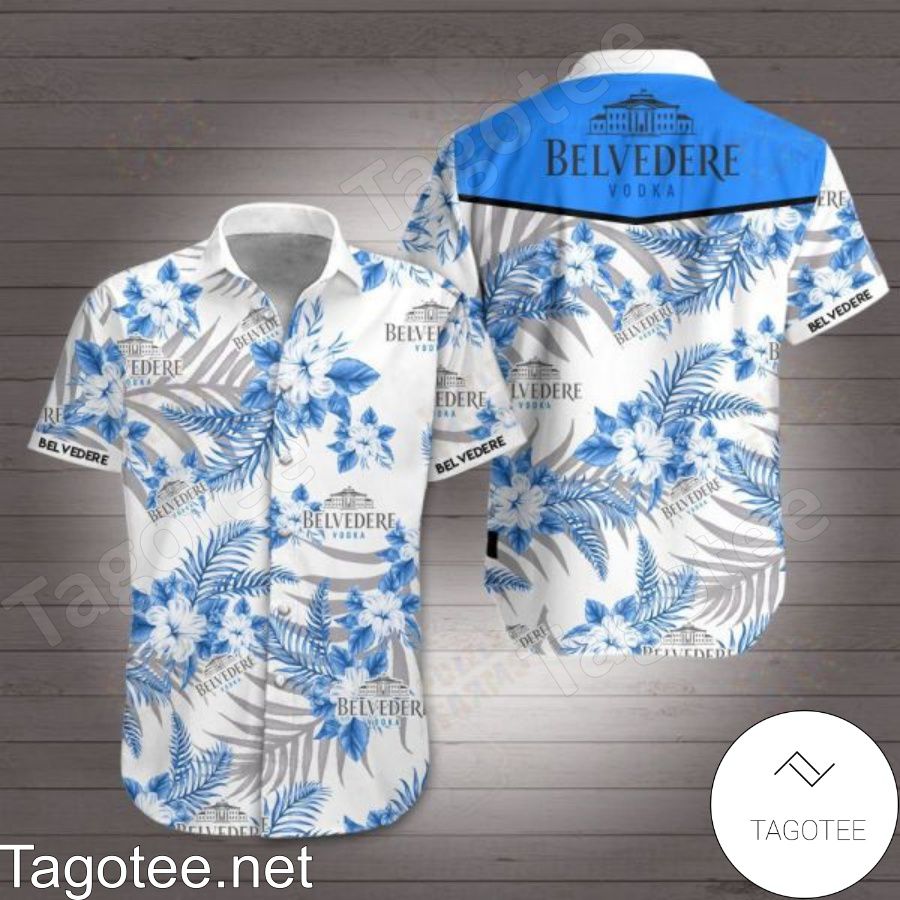 Belvedere Vodka Blue Tropical Floral White Hawaiian Shirt