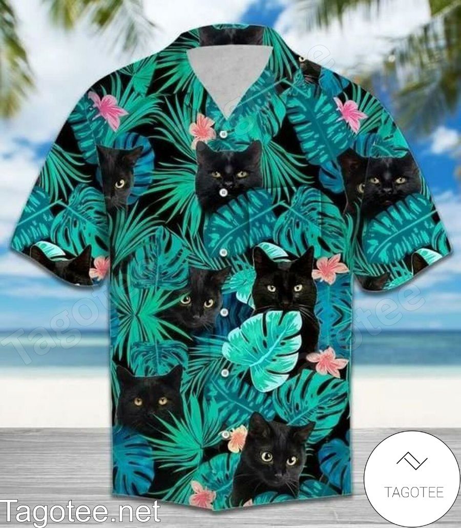 Black Cat Behind Green Leaves Hawaiian Shirt