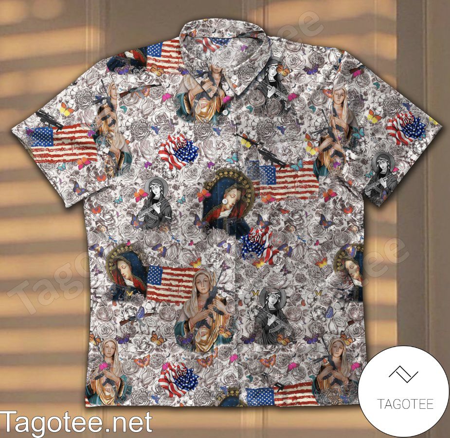Blessed Mother With Gun And American Flag Veteran Hawaiian Shirt