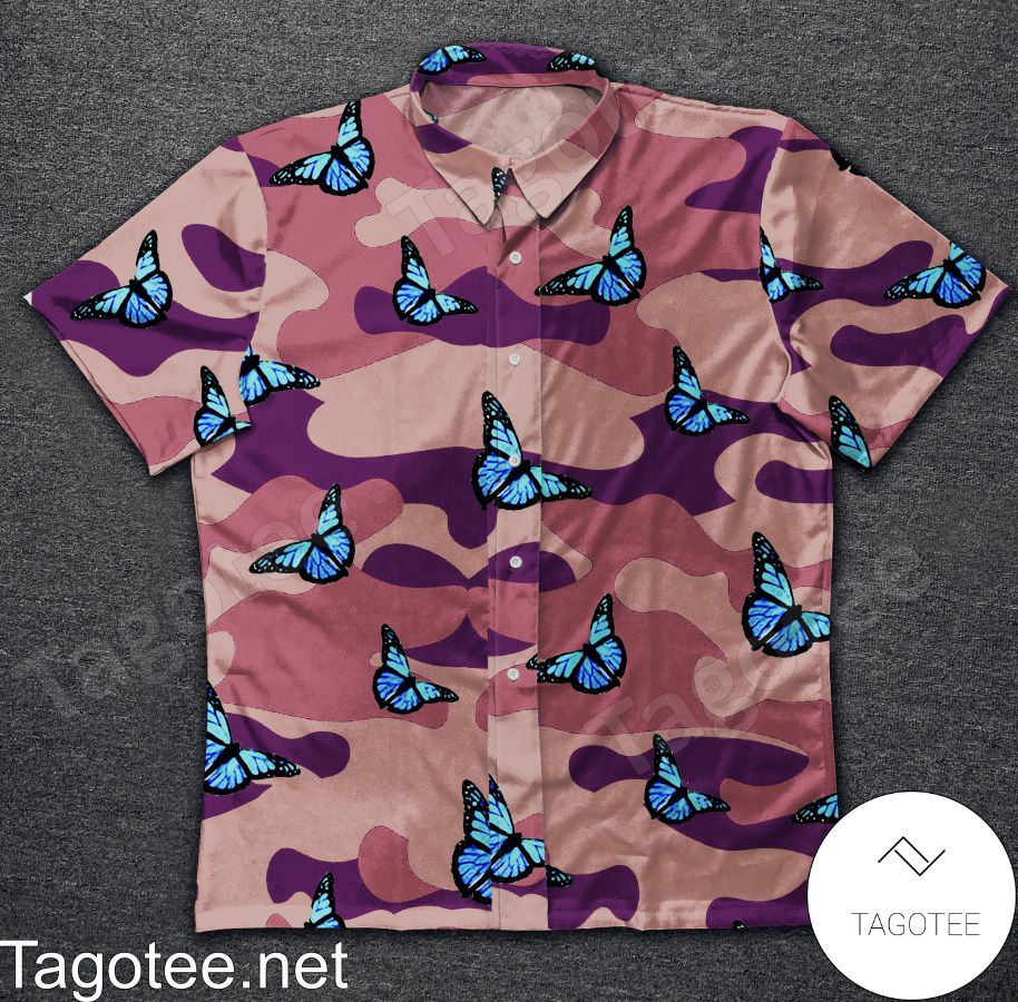 Blue Butterfly Pink Camo Hawaiian Shirt