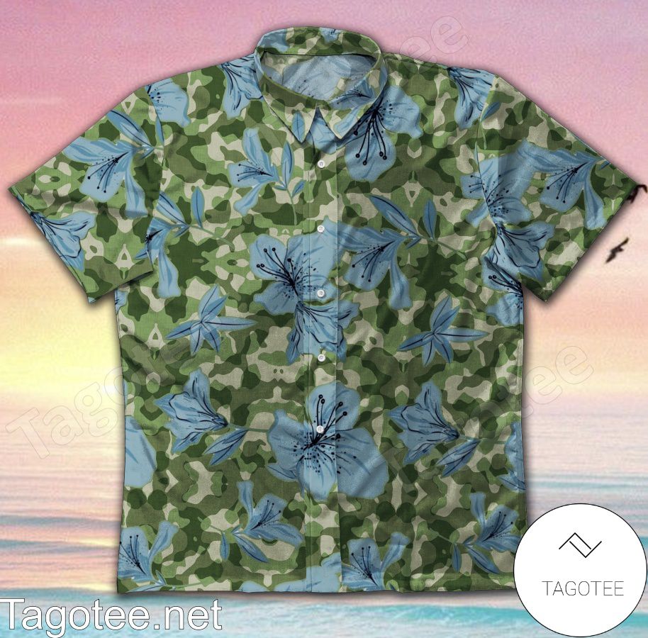 Blue Flower Green Camo Hawaiian Shirt