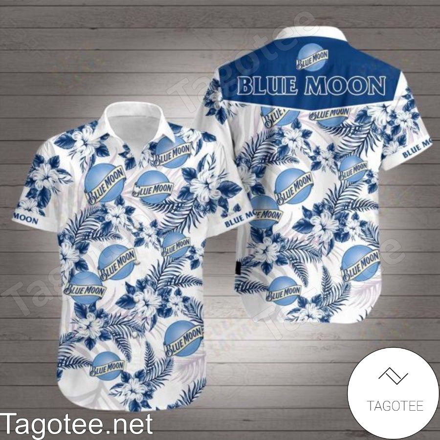 Blue Moon Logo And Navy Tropical Floral White Hawaiian Shirt
