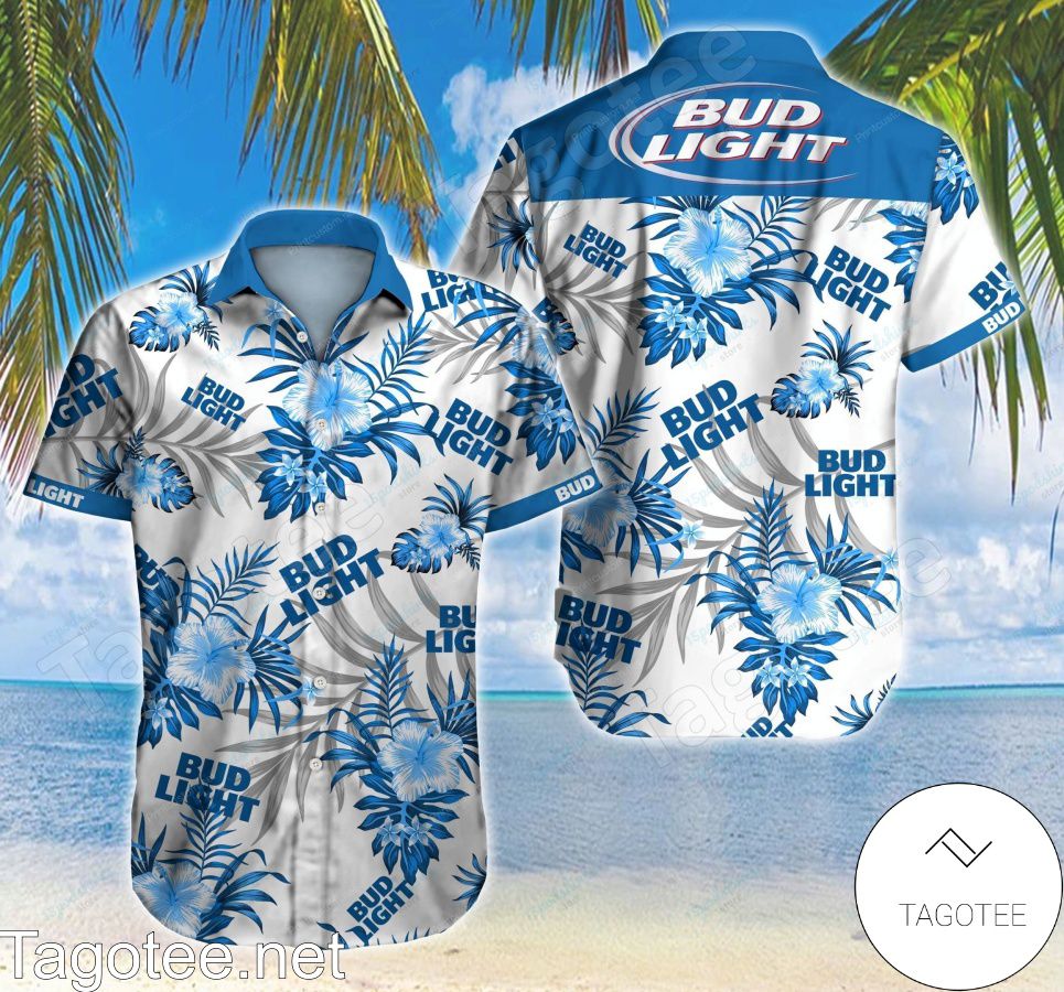 Bud Light Blue Tropical Floral White Hawaiian Shirt