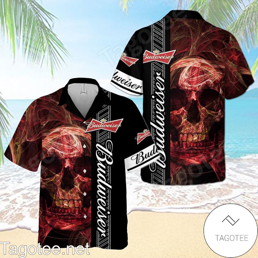 Budweiser Beer Logo Smoky Red Skull Black Hawaiian Shirt And Short