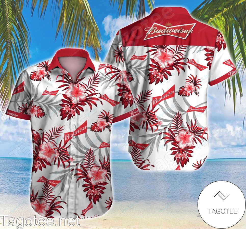 Budweiser Tropical Pattern Red And White Hawaiian Shirt