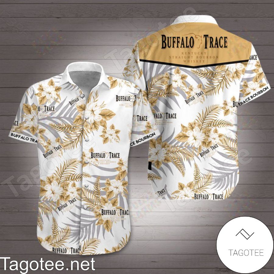 Buffalo Trace Kentucky Straight Bourbon Whiskey Gold Tropical Floral White Hawaiian Shirt