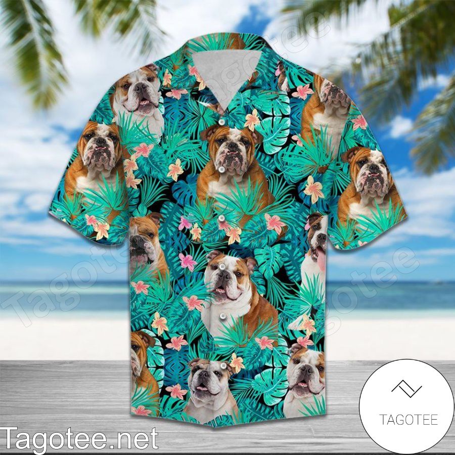 Bulldog Behind Tropical Leaves Hawaiian Shirt