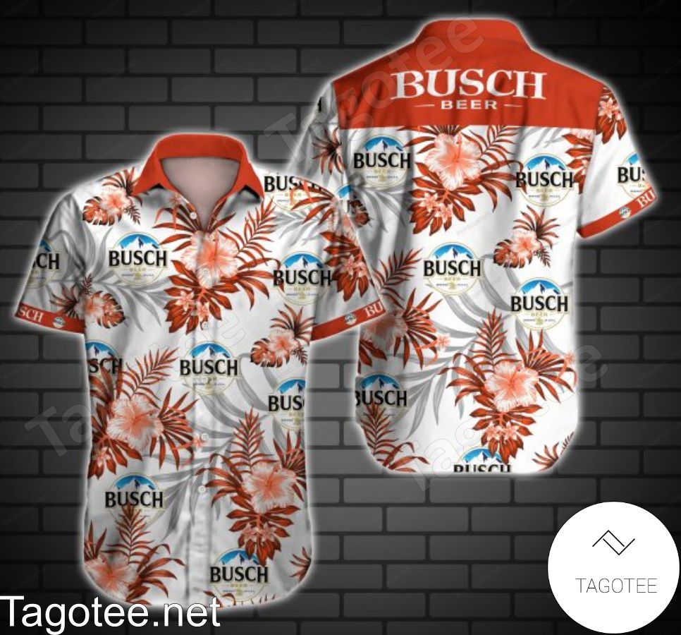Busch Beer Logo And Red Hibiscus On White Hawaiian Shirt