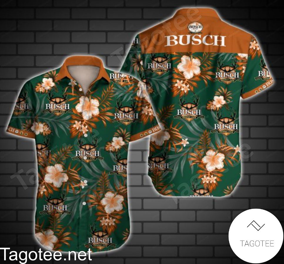 Busch Gold Trophy Beer Logo And Orange Hibiscus On Green Hawaiian Shirt