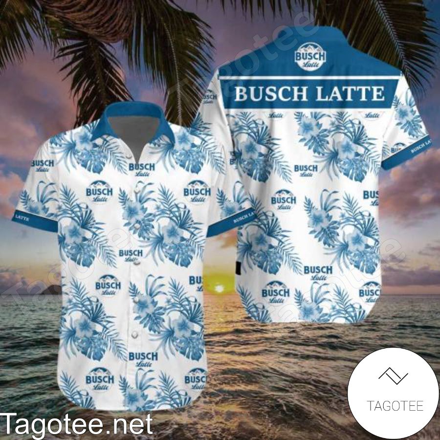 Busch Latte Blue Hibiscus On White Hawaiian Shirt