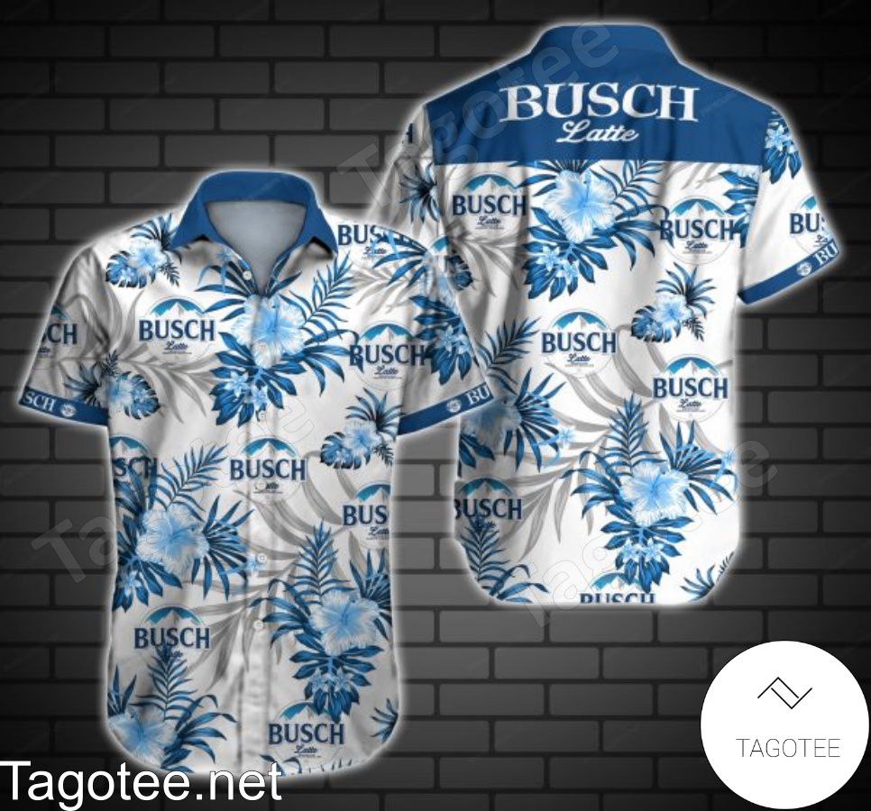 Busch Latte Logo And Blue Hibiscus On White Hawaiian Shirt