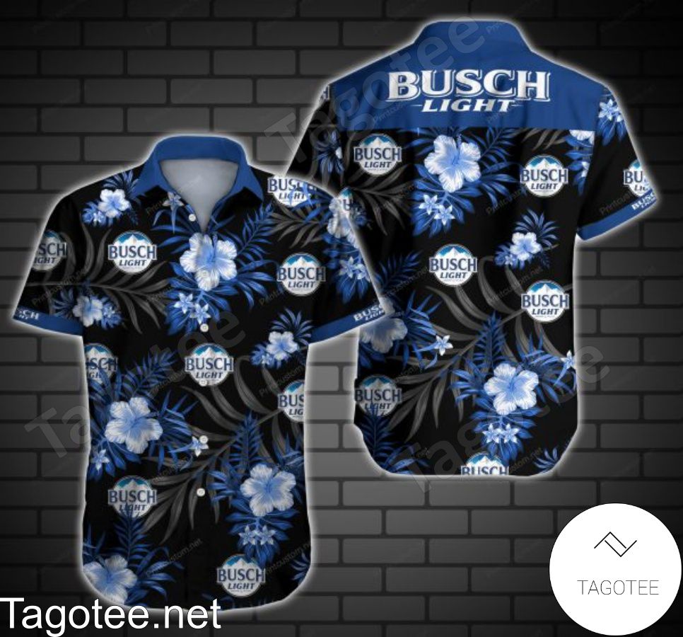 Busch Light Logo And Blue Hibiscus On Black Hawaiian Shirt