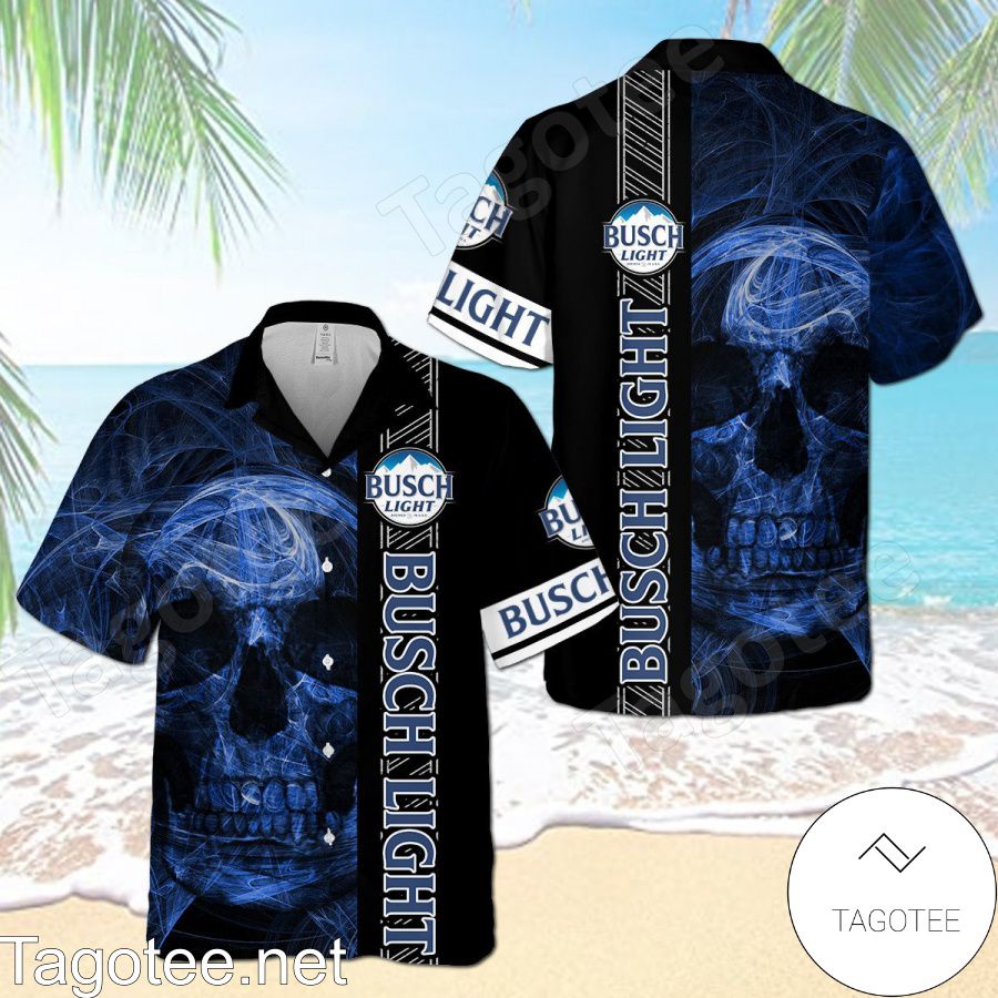 Busch Light Smoky Blue Skull Flower Black Hawaiian Shirt And Short