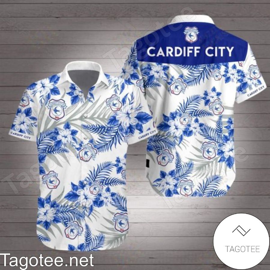 Cardiff City Blue Tropical Floral White Hawaiian Shirt